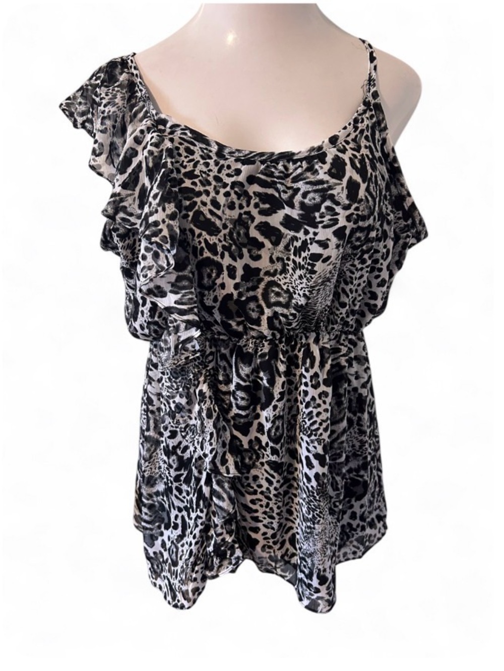 Cato Black and White Animal Print Ruffle Camisole